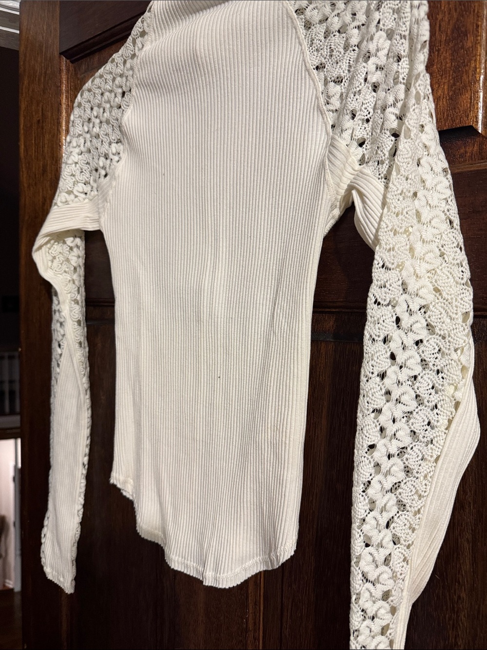 Free People Cream Ribbed Long-Sleeve Top with Crochet Sleeves - Picture 2 of 4